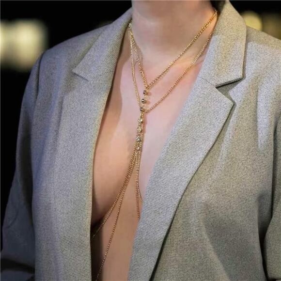 Boho Gold Multilayered Chain‎ Crystal Body Necklace Body Jewelry Belly Chain - Picture 3 of 5